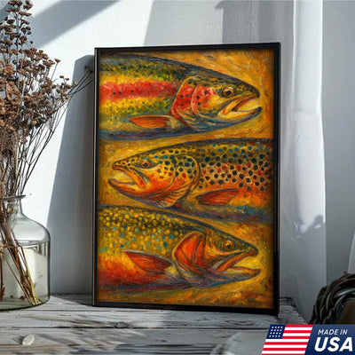 Trout Oil Painting Canvas Wall Art – Rustic Fishing Lodge Decor Gift for Anglers & Nature Lovers