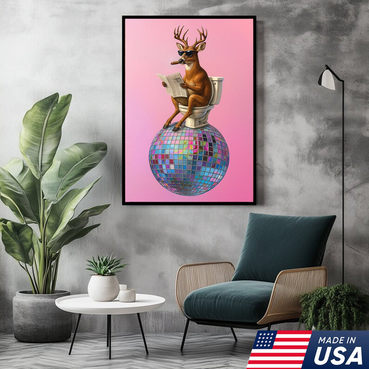 Deer Canvas Wall Art – Funny Buck Reading Newspaper on Toilet with Disco Ball Unique Bathroom Decor