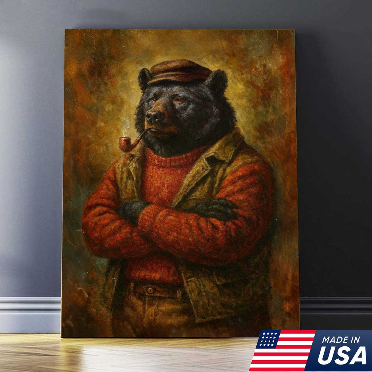 Vintage Black Bear Wall Art – Rustic Canvas Print of Bear in Red Sweater Smoking Pipe