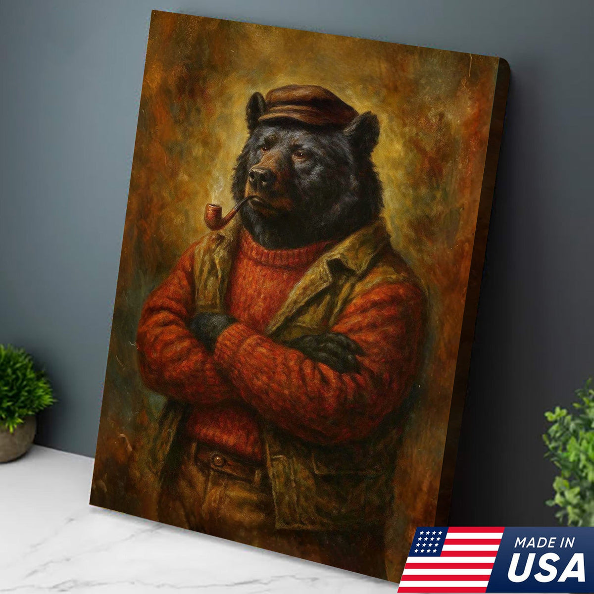 Vintage Black Bear Wall Art – Rustic Canvas Print of Bear in Red Sweater Smoking Pipe