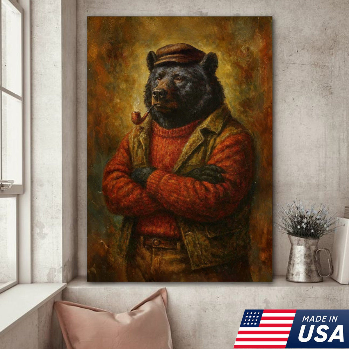 Vintage Black Bear Wall Art – Rustic Canvas Print of Bear in Red Sweater Smoking Pipe