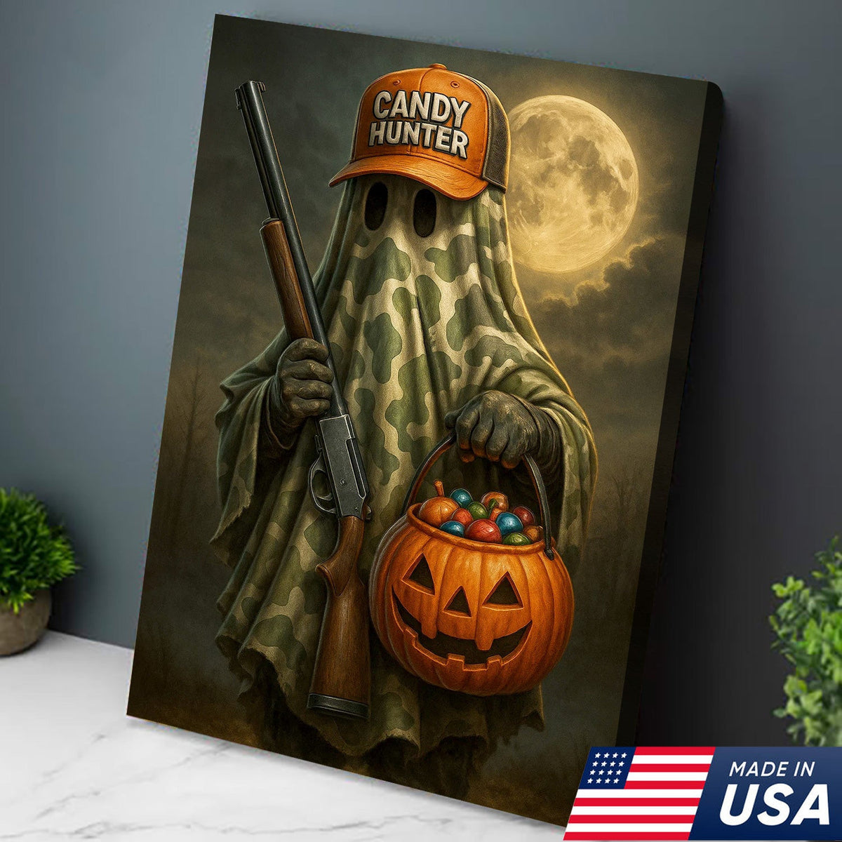 Candy Hunter Halloween Canvas Wall Art – Camouflage Ghost with Shotgun
