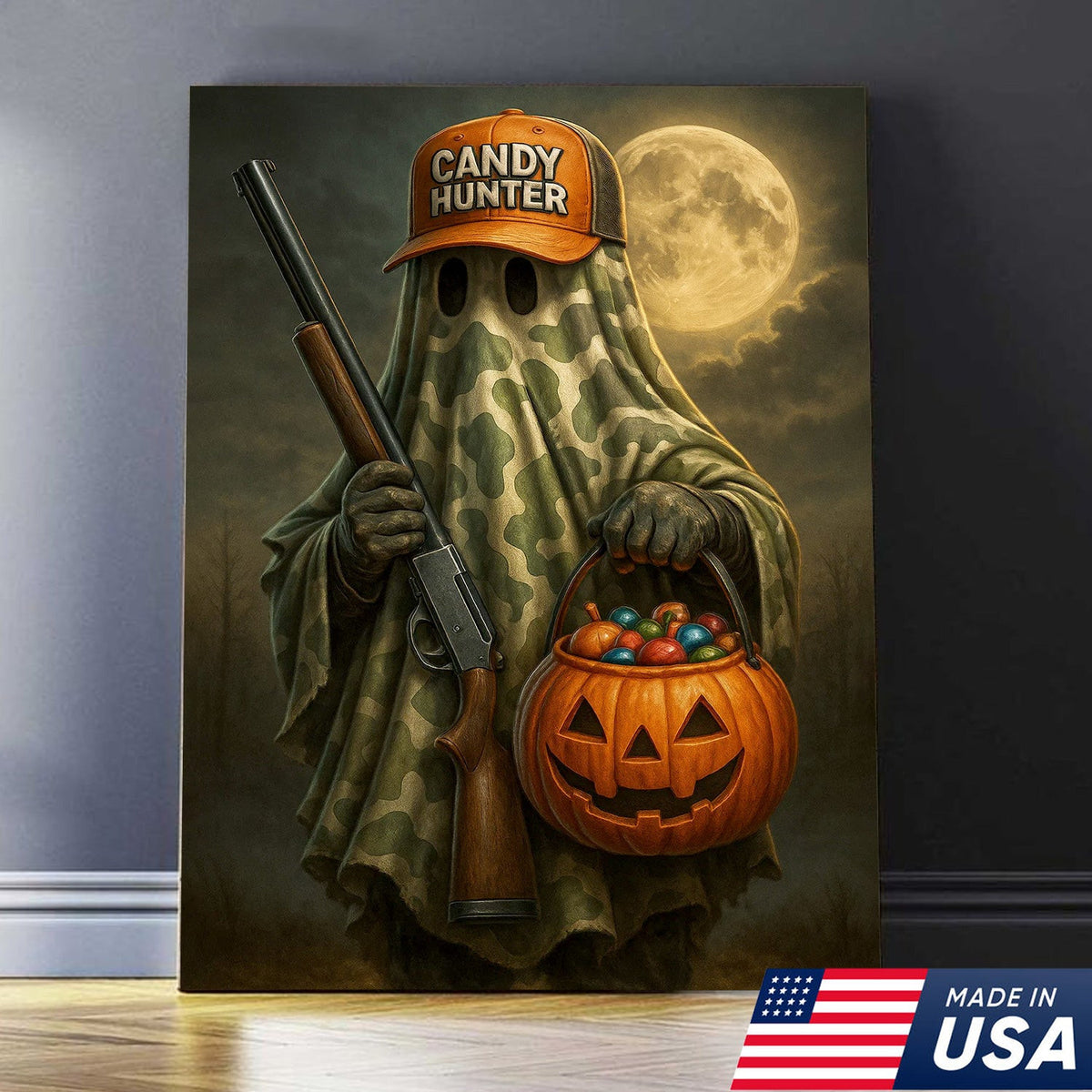 Candy Hunter Halloween Canvas Wall Art – Camouflage Ghost with Shotgun