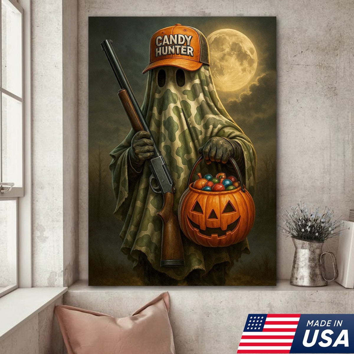 Candy Hunter Halloween Canvas Wall Art – Camouflage Ghost with Shotgun