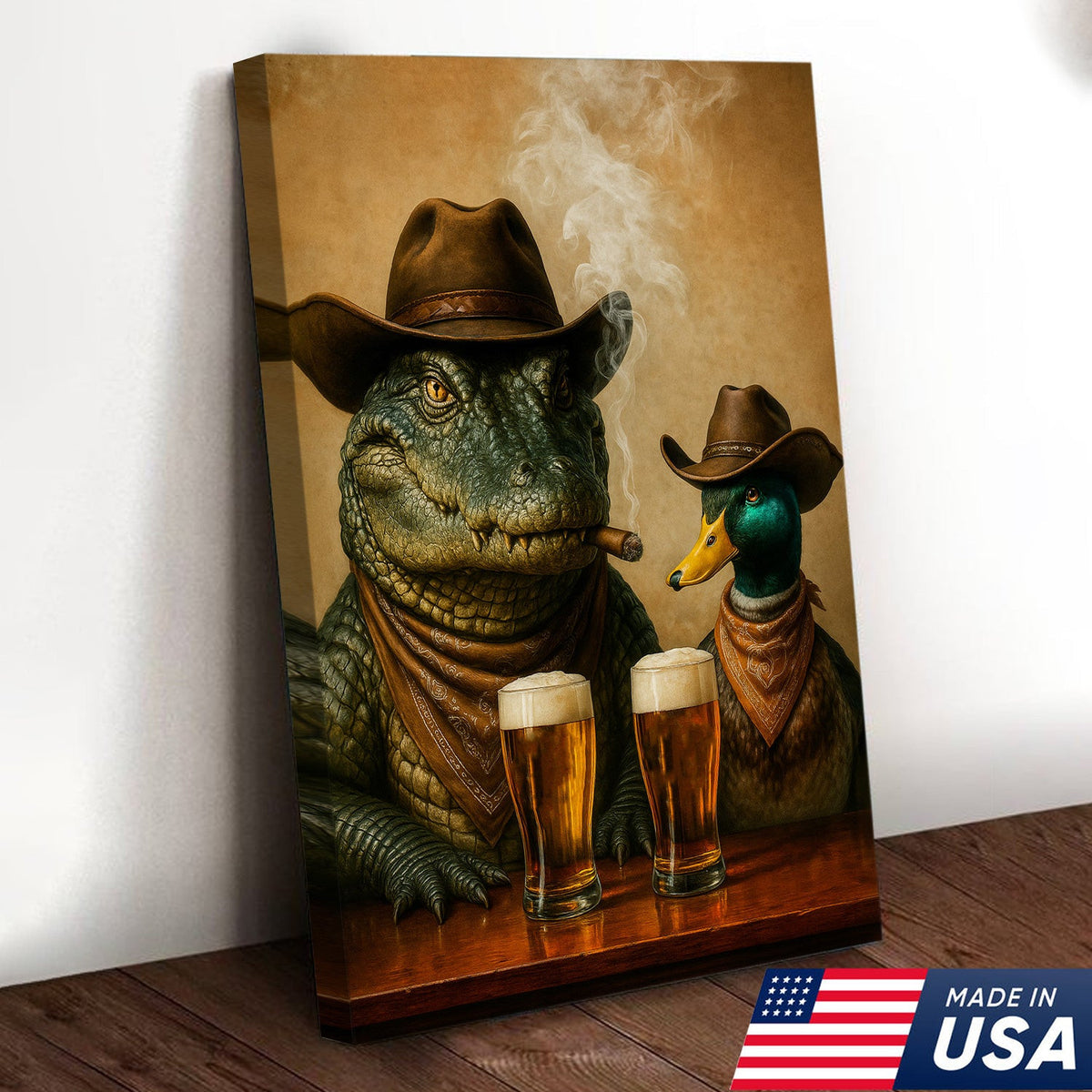 Funny Alligator and Duck Cowboy Canvas – Rustic Wildlife Bar Wall Art Gift for Hunters and Lodge