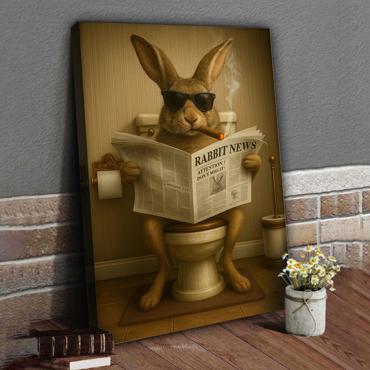 Funny Rabbit Reading News Bathroom Wall Art – Rustic Decor for Men, Hunting Cabin Canvas