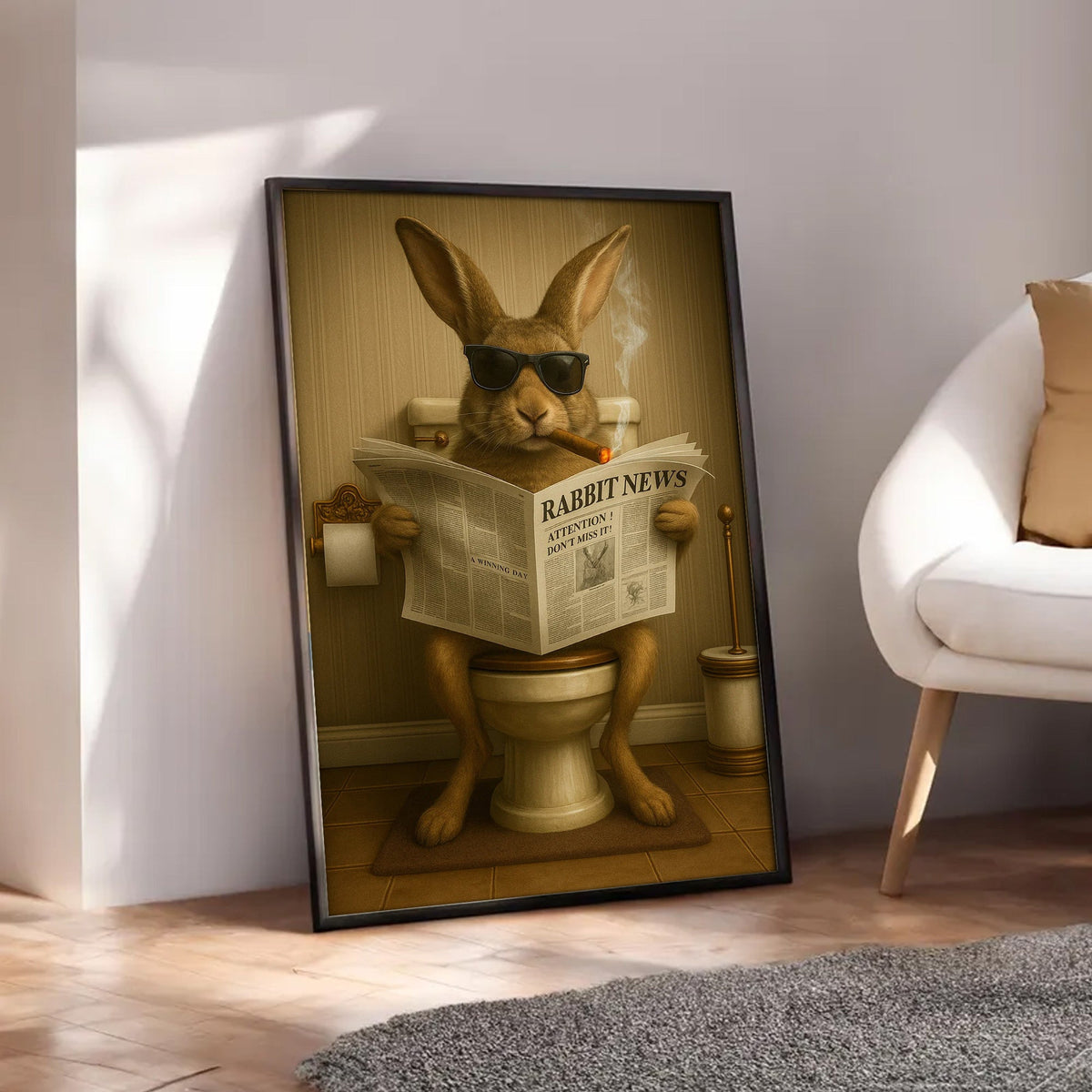 Funny Rabbit Reading News Bathroom Wall Art – Rustic Decor for Men, Hunting Cabin Canvas