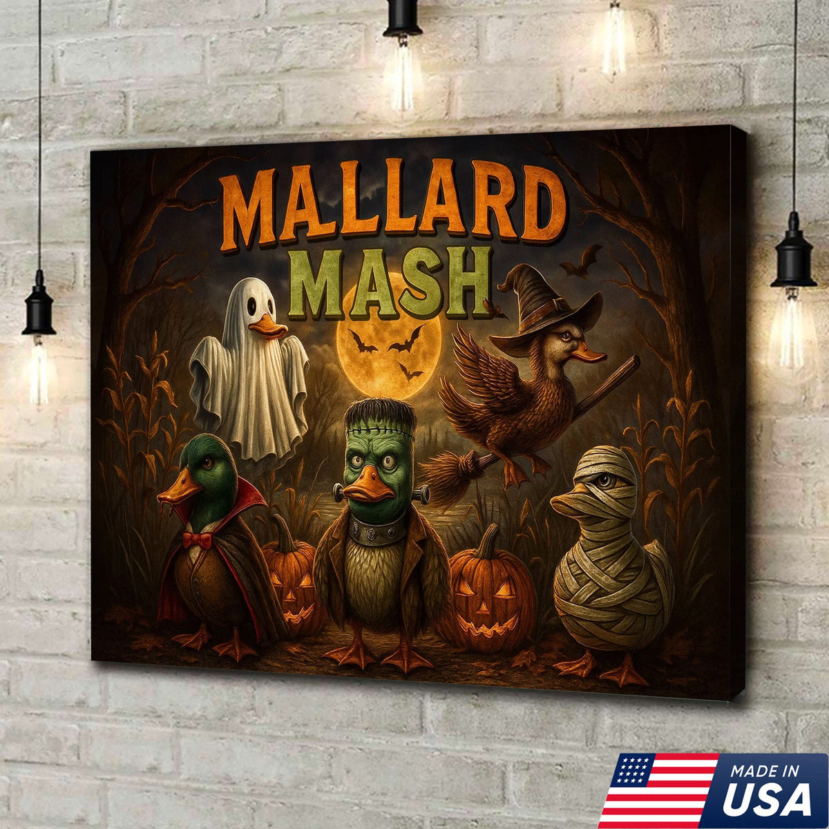 Mallard Mash Halloween Canvas Wall Art – Funny Ducks in Costumes with Pumpkins
