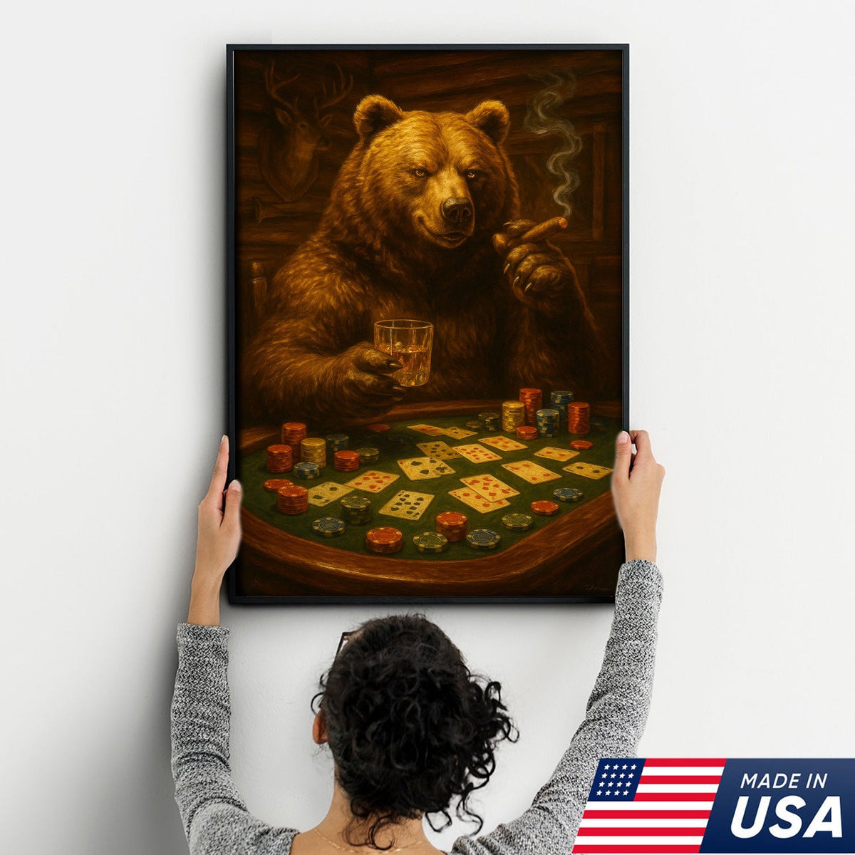 Rustic Bear Poker Canvas Wall Art – Funny Animal Playing Cards Decor
