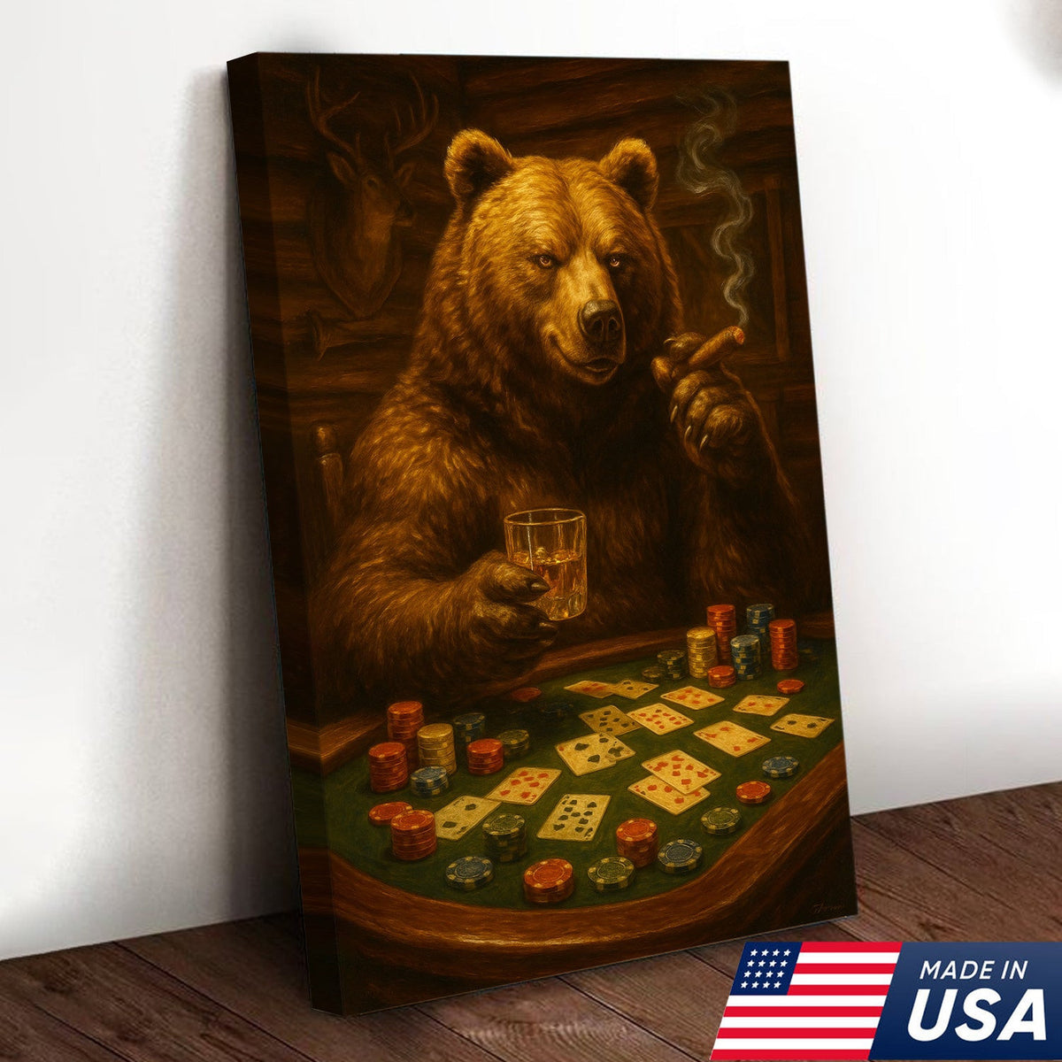 Rustic Bear Poker Canvas Wall Art – Funny Animal Playing Cards Decor