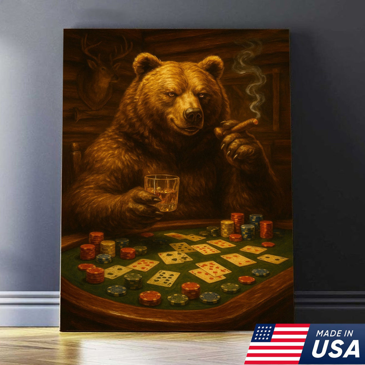 Rustic Bear Poker Canvas Wall Art – Funny Animal Playing Cards Decor