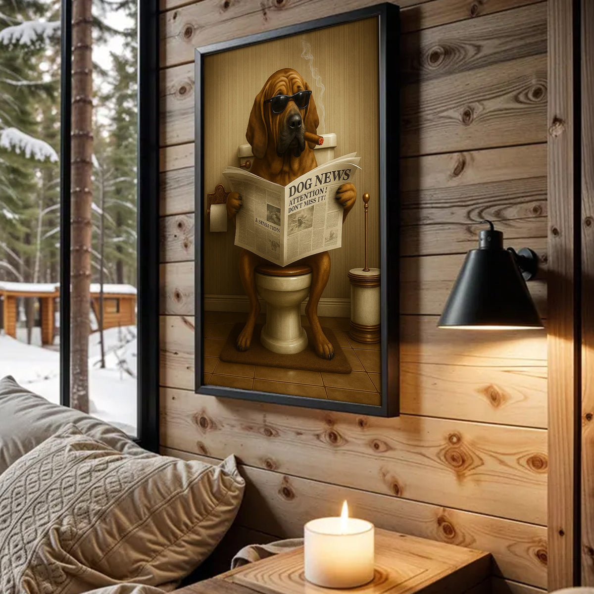 Funny Rustic Dog Bathroom Canvas – Bloodhound Smoking Reading ‘Dog News’ - Hunting Cabin Decor