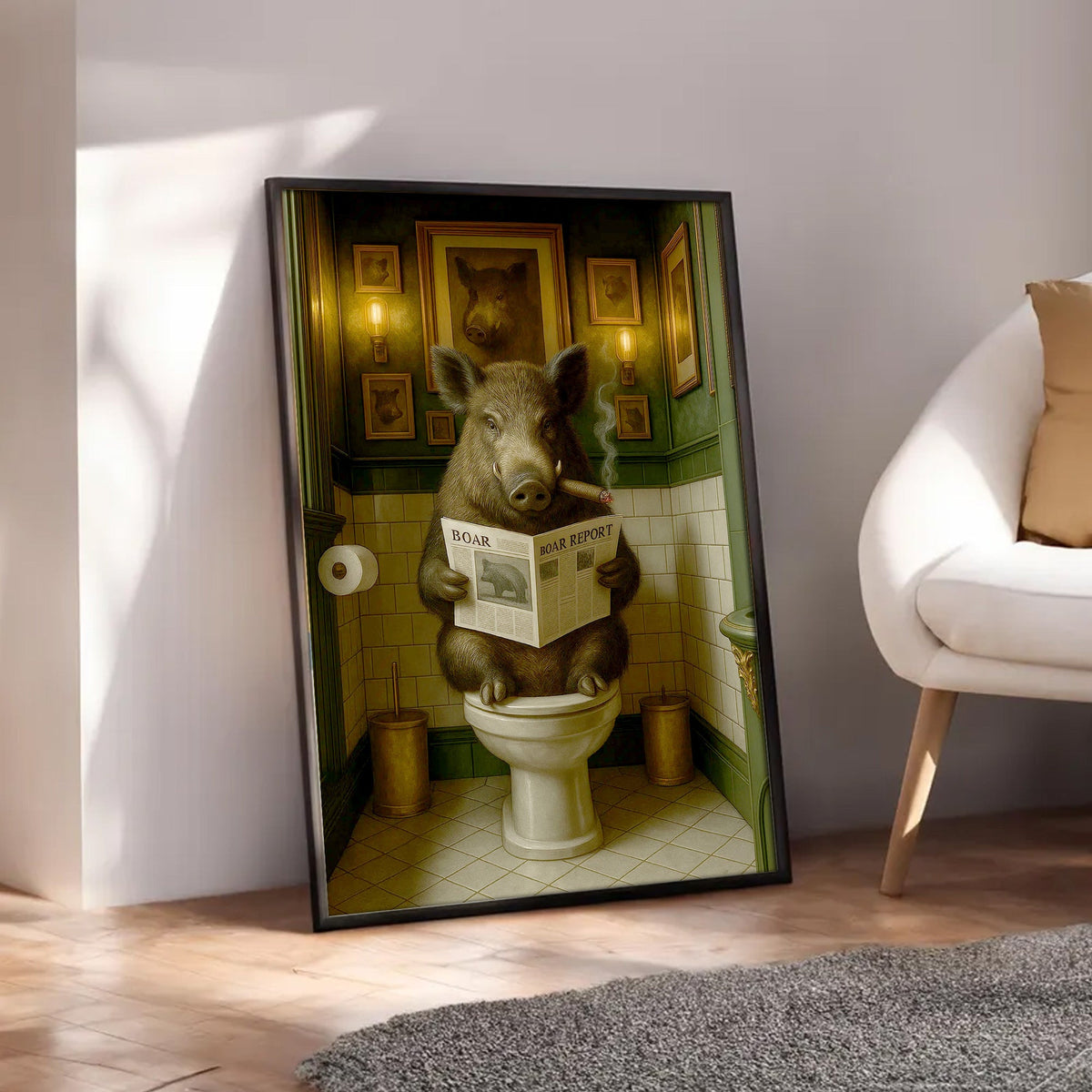 Boar Reading News Smoking Bathroom Wall Art – Rustic Decor for Men, Hilarious Gift for Men, Hunter
