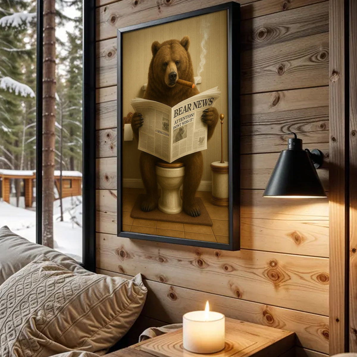 Grizzly Bear Bathroom Canvas – Funny Cabin Decor with Bear Hunting on Toilet Reading Newspaper