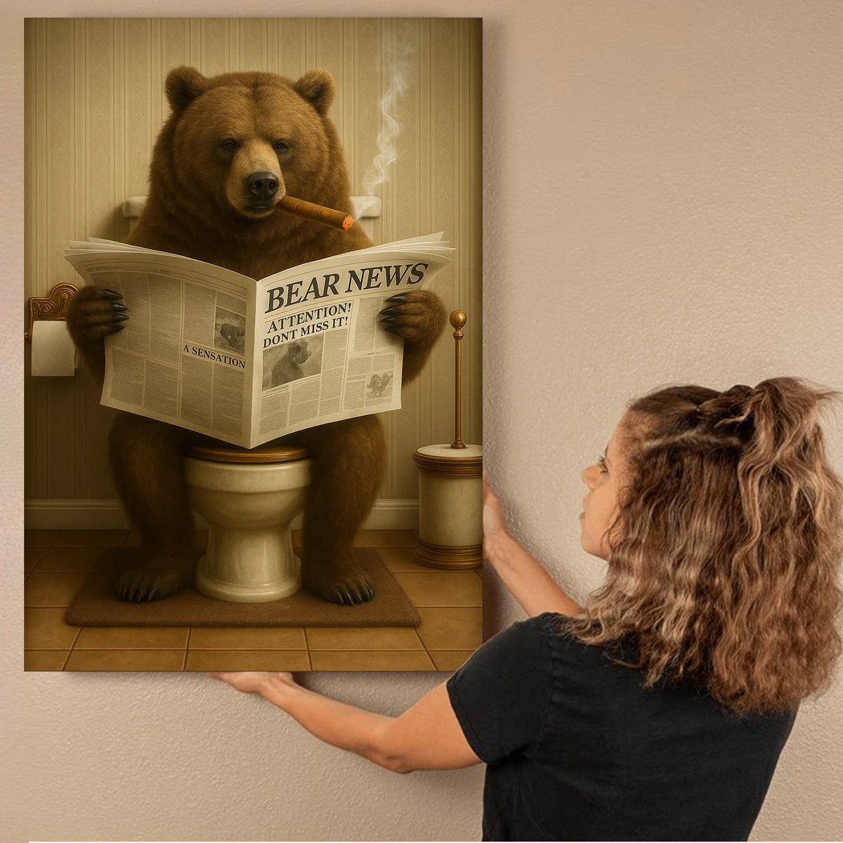 Grizzly Bear Bathroom Canvas – Funny Cabin Decor with Bear Hunting on Toilet Reading Newspaper