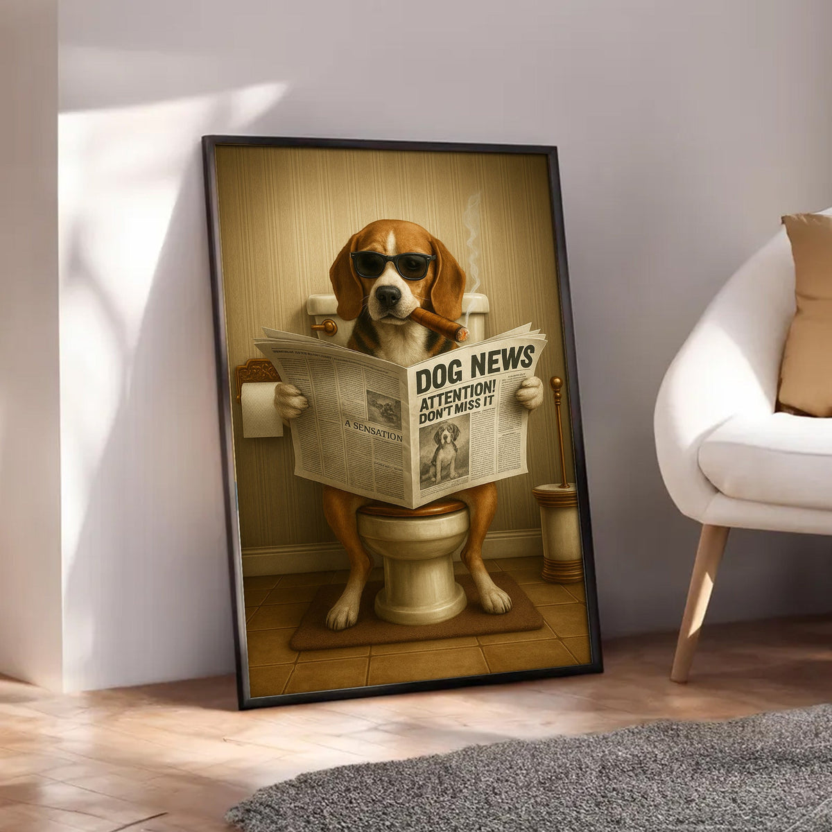 Funny Beagle Reading Newspaper Canvas – Funny Dog Hunting Bathroom Wall Art