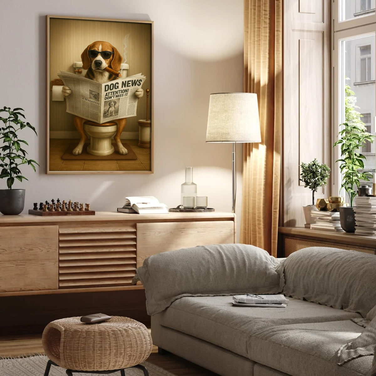 Funny Beagle Reading Newspaper Canvas – Funny Dog Hunting Bathroom Wall Art