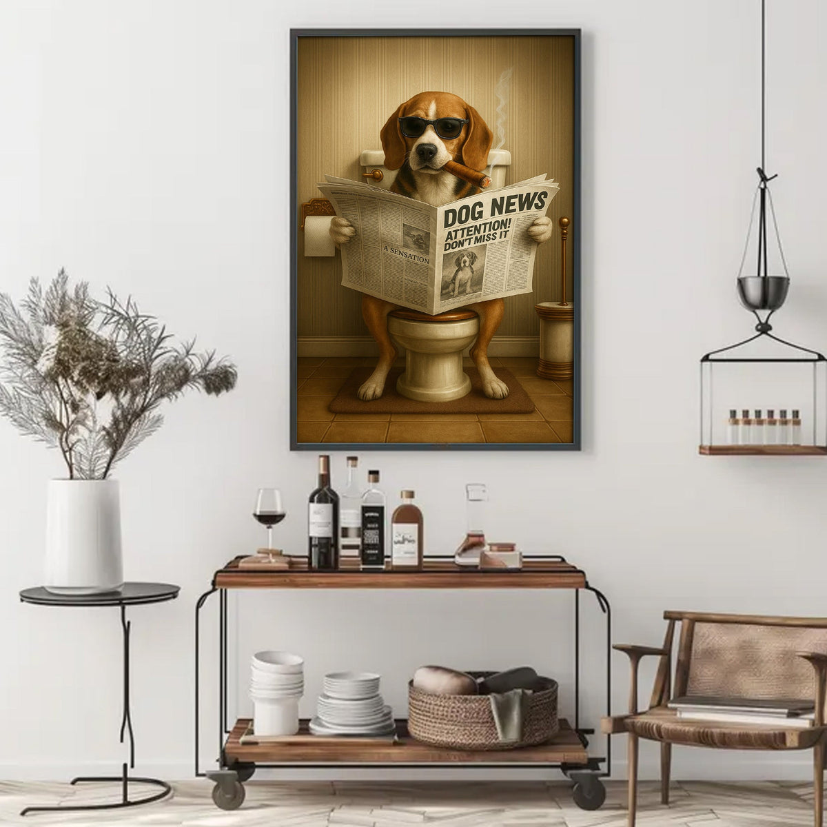Funny Beagle Reading Newspaper Canvas – Funny Dog Hunting Bathroom Wall Art