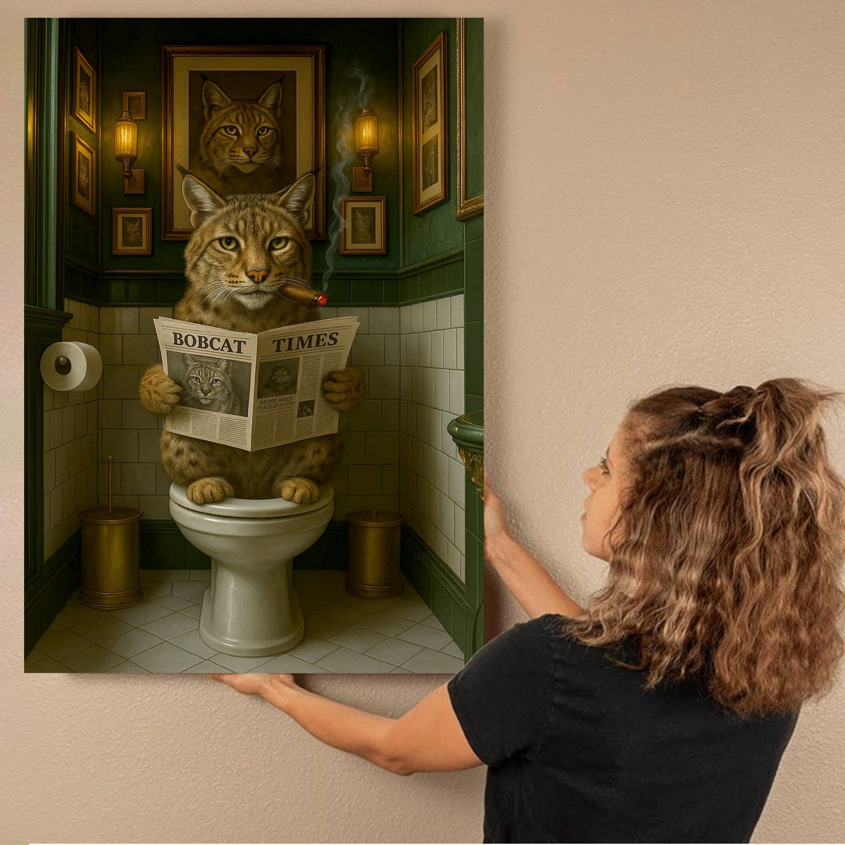 Funny Rustic Bobcat Wall Art Canvas – Smoking-Smoking Wild Cat Reading Newspaper