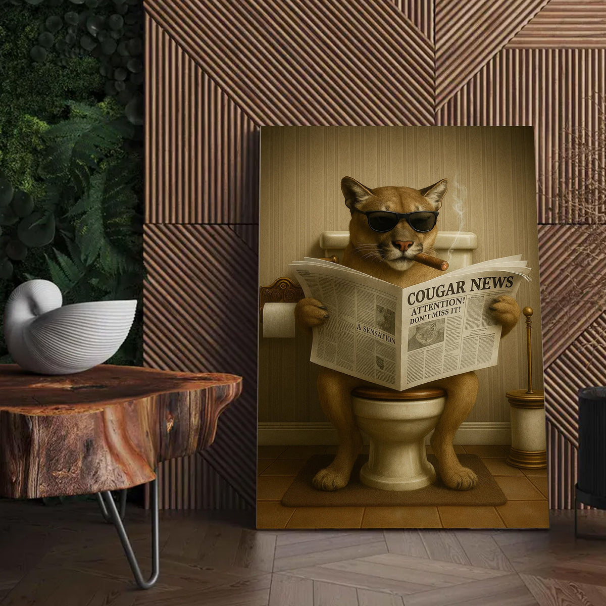 Funny Cougar Bathroom Canvas – Mountain Lion on Toilet Reading Newspaper - Rustic Cabin Decor