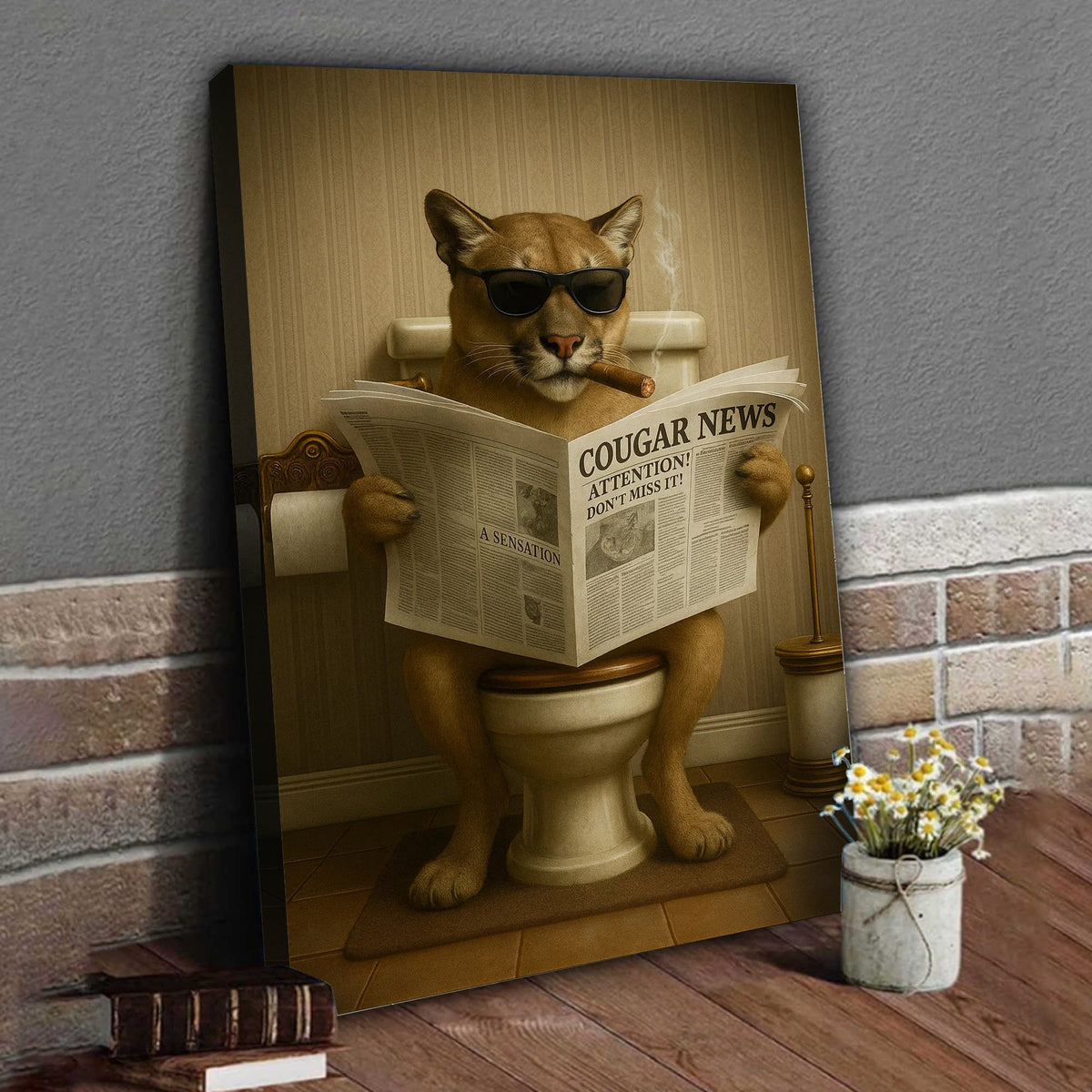 Funny Cougar Bathroom Canvas – Mountain Lion on Toilet Reading Newspaper - Rustic Cabin Decor