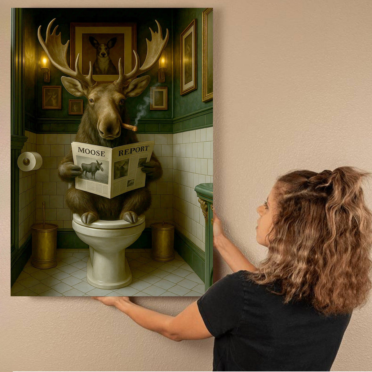 Funny Moose Bathroom Poster Canvas – Rustic Lodge Wall Art with Moose Reading ‘Moose Report’