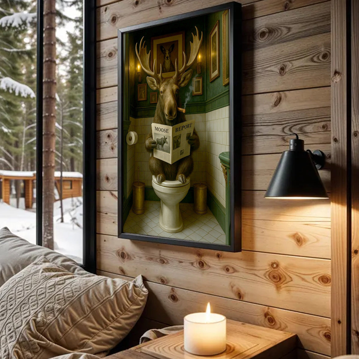 Funny Moose Bathroom Poster Canvas – Rustic Lodge Wall Art with Moose Reading ‘Moose Report’