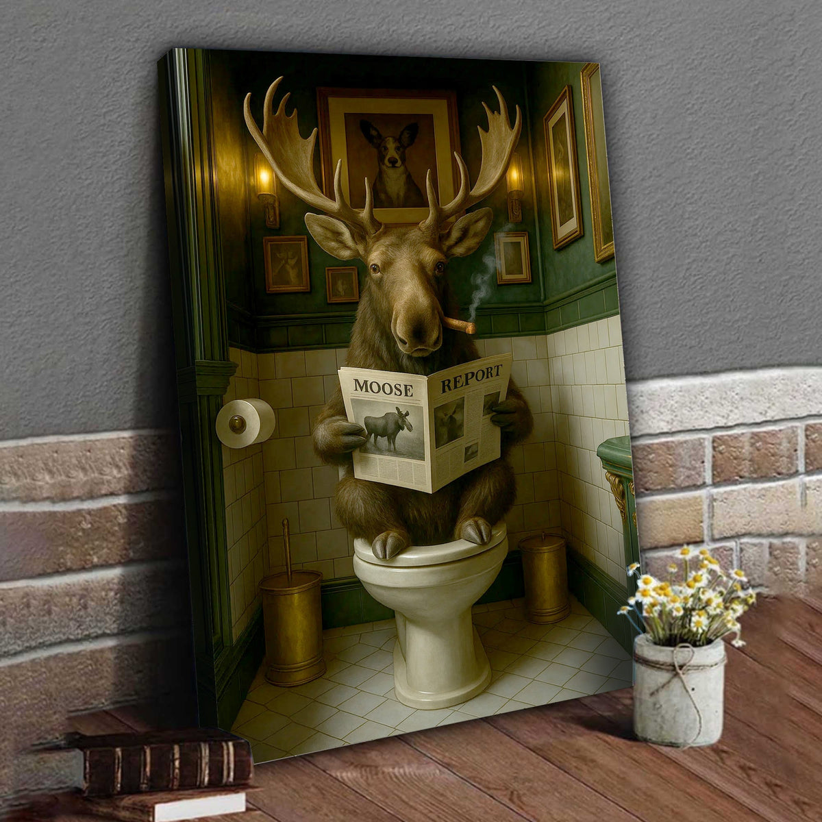 Funny Moose Bathroom Poster Canvas – Rustic Lodge Wall Art with Moose Reading ‘Moose Report’