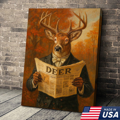 Funny Deer Reading Newspaper Canvas – Rustic Hunting Lodge Wall Art