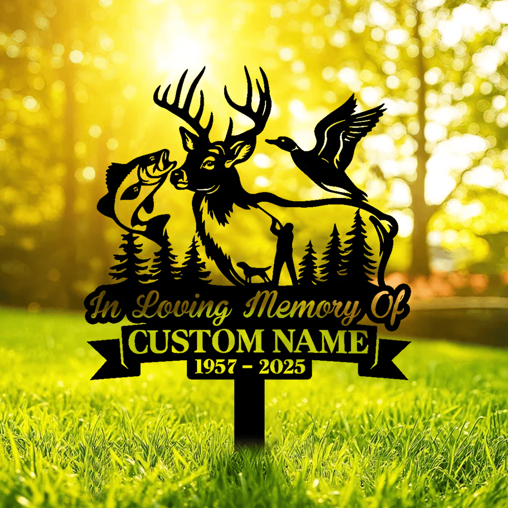 Personalized Hunter Memorial Metal Sign – In Loving Memory Grave Marker with Deer, Fish & Duck Design