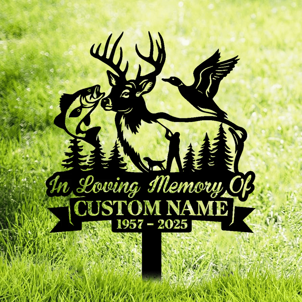 Personalized Hunter Memorial Metal Sign – In Loving Memory Grave Marker with Deer, Fish & Duck Design