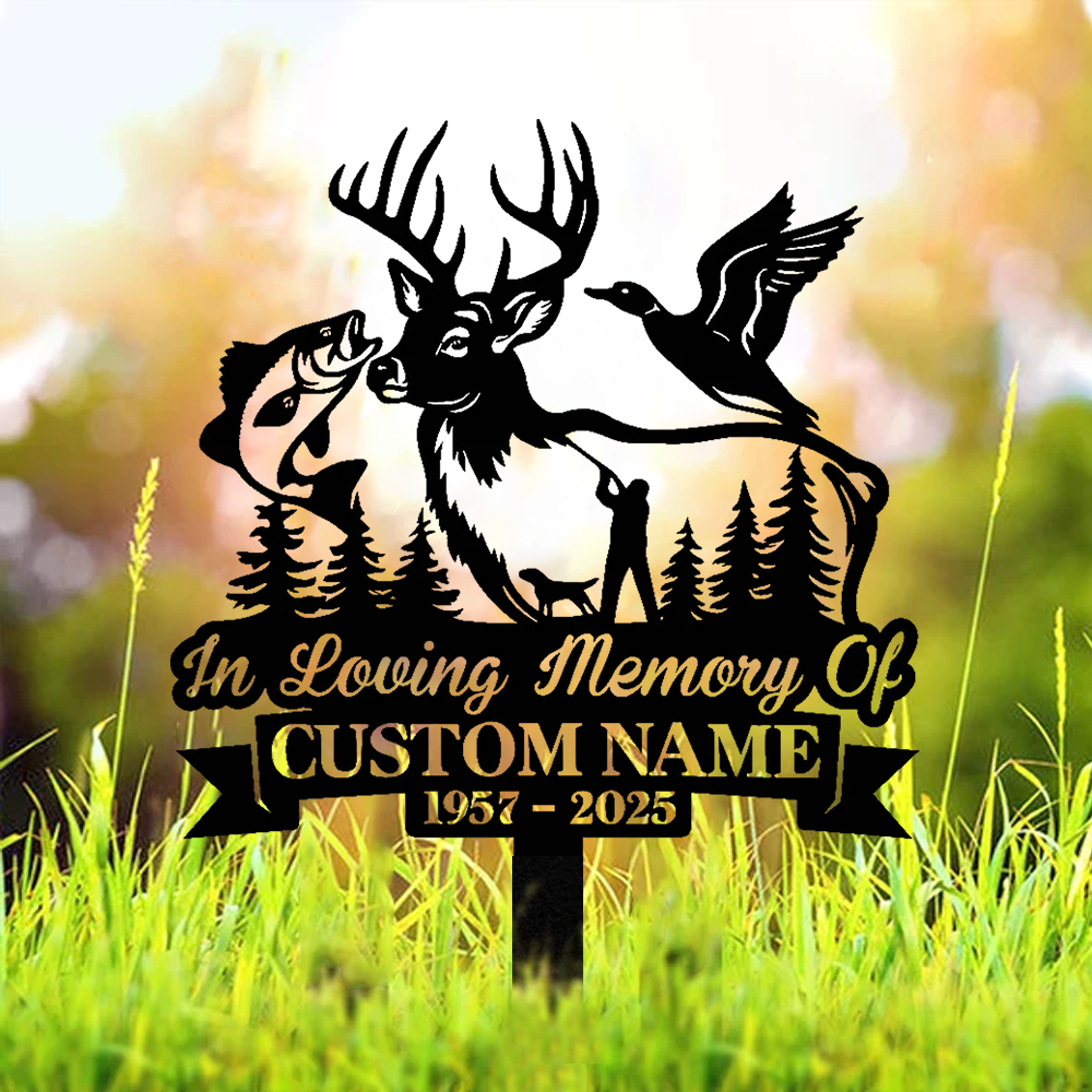 Personalized Hunter Memorial Metal Sign – In Loving Memory Grave Marker with Deer, Fish & Duck Design