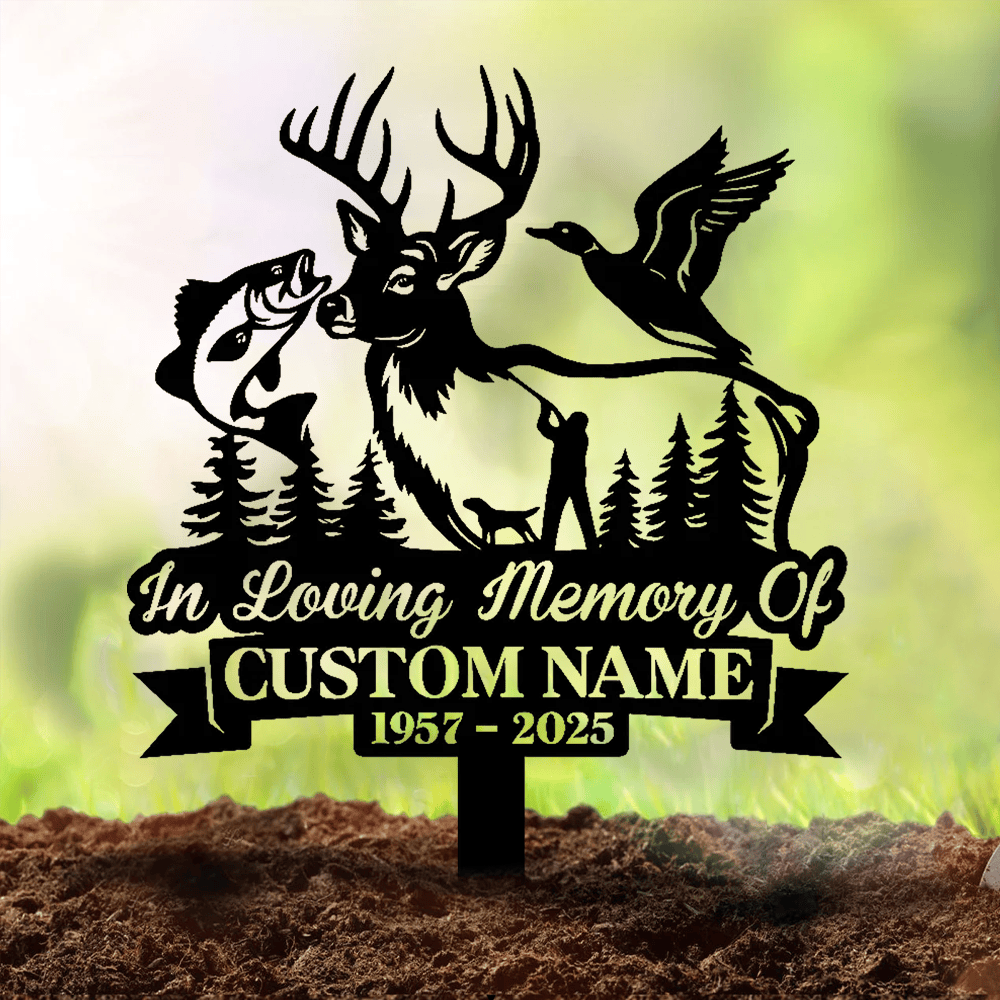 Personalized Hunter Memorial Metal Sign – In Loving Memory Grave Marker with Deer, Fish & Duck Design