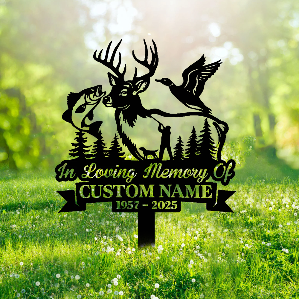 Personalized Hunter Memorial Metal Sign – In Loving Memory Grave Marker with Deer, Fish & Duck Design