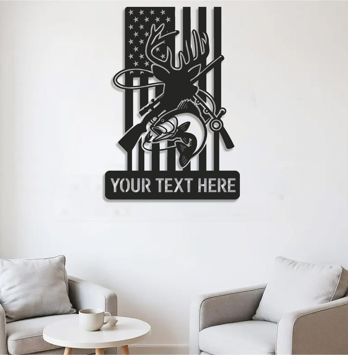 Personalized Deer and Fish American Flag Metal Sign WITH LED/WITHOUT LED, Hunting and Fishing Wall Art