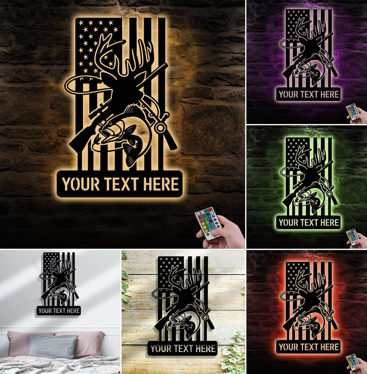Personalized Deer and Fish American Flag Metal Sign WITH LED/WITHOUT LED, Hunting and Fishing Wall Art
