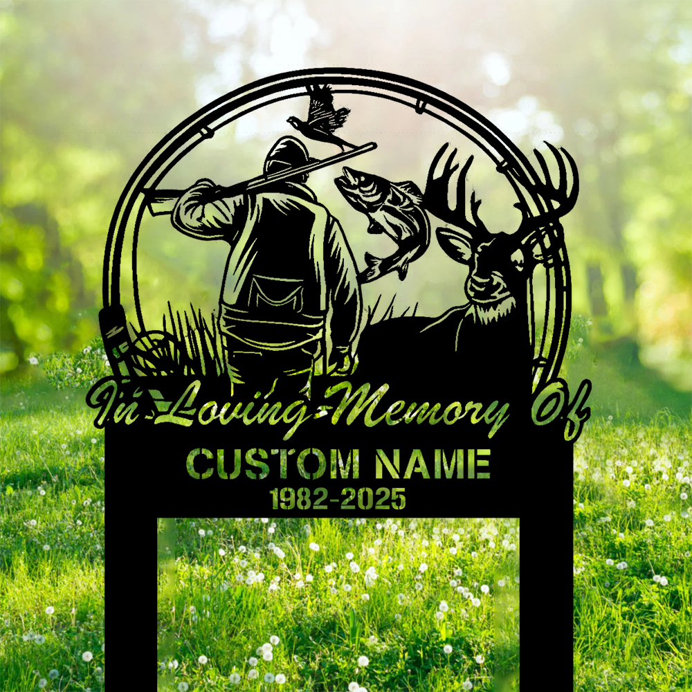 Personalized Hunter Memorial Metal Sign – In Loving Memory Grave Marker with Deer, Fish & Duck Scene