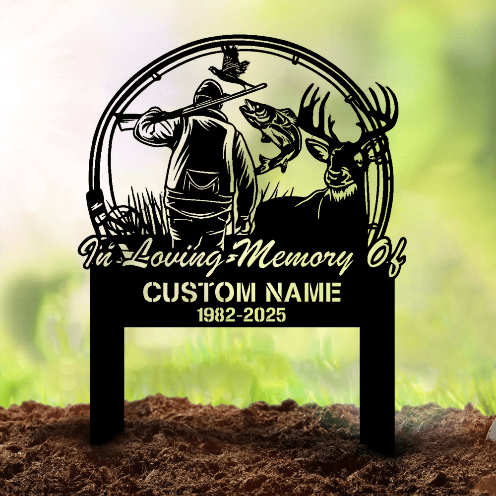 Personalized Hunter Memorial Metal Sign – In Loving Memory Grave Marker with Deer, Fish & Duck Scene