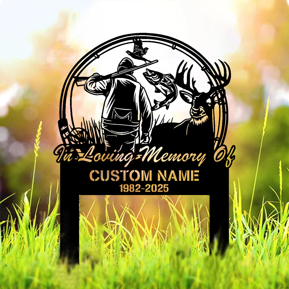 Personalized Hunter Memorial Metal Sign – In Loving Memory Grave Marker with Deer, Fish & Duck Scene