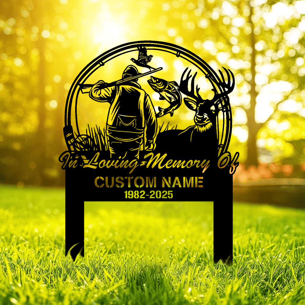 Personalized Hunter Memorial Metal Sign – In Loving Memory Grave Marker with Deer, Fish & Duck Scene