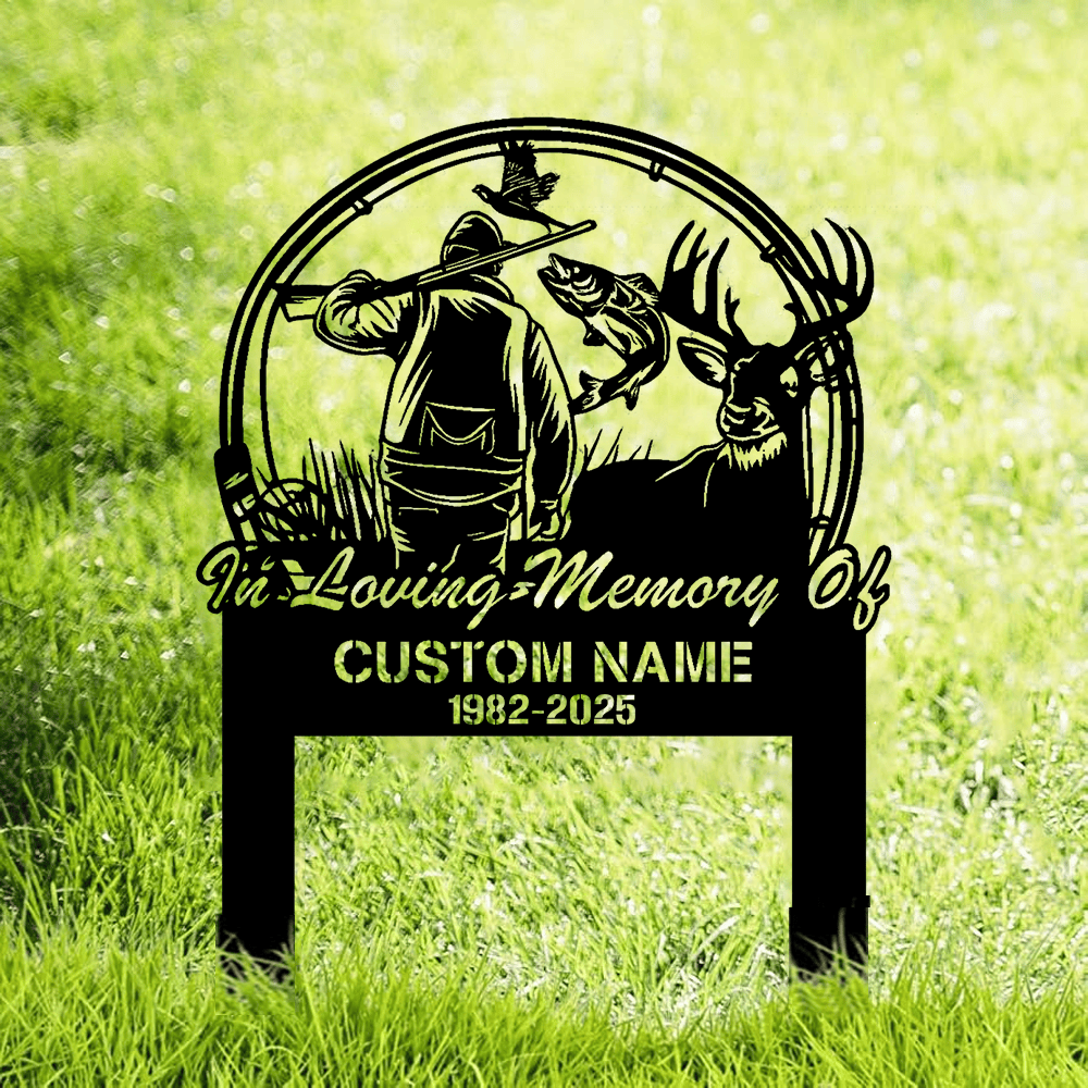 Personalized Hunter Memorial Metal Sign – In Loving Memory Grave Marker with Deer, Fish & Duck Scene