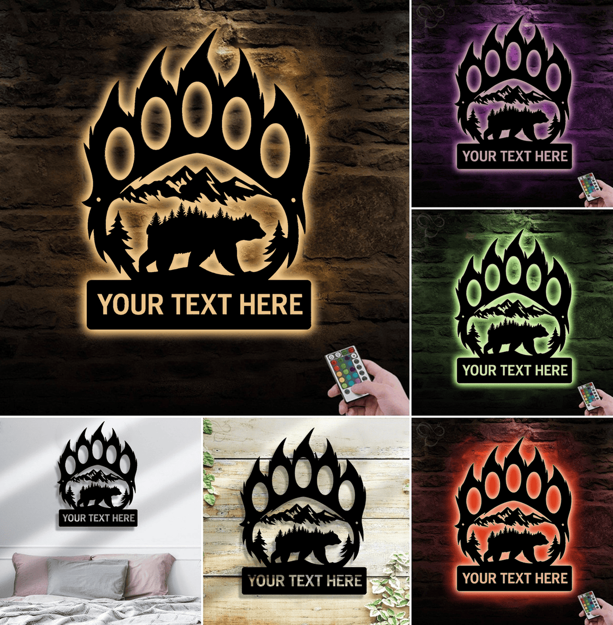 Personalized Bear Paw Metal Sign WITH LED/WITHOUT LED – Rustic Wildlife Wall Art