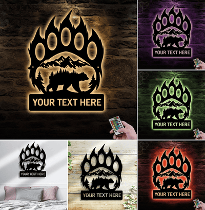 Personalized Bear Paw Metal Sign WITH LED/WITHOUT LED – Rustic Wildlife Wall Art