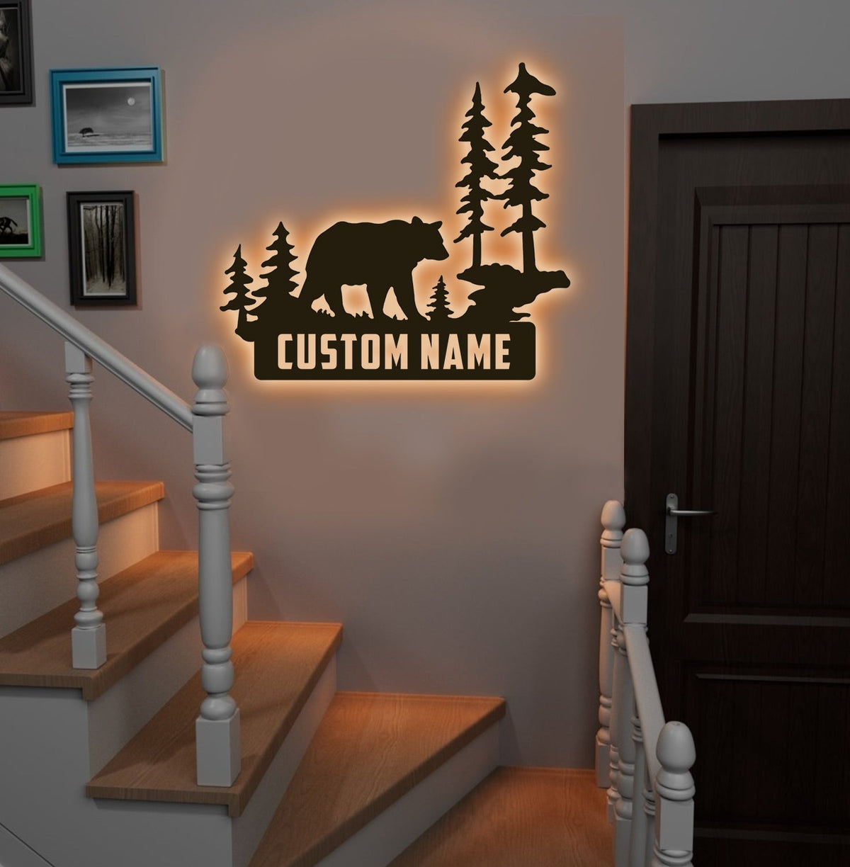 Personalized Bear Metal Sign WITH LED/WITHOUT LED Light Custom Name Mountain Scene Wall Art