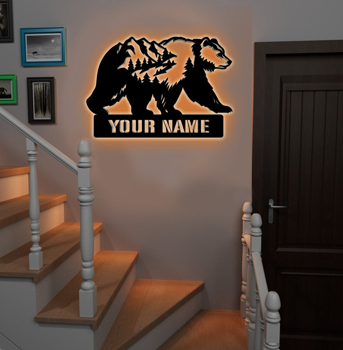 Personalized Bear Metal Sign WITH LED/WITHOUT LED, Mountain Forest Wildlife Wall Art, Rustic Cabin Decor