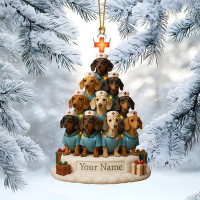 Personalized Dachshund Nurse Christmas Tree Ornament – Custom Name Dog Nurse Holiday Decor – Cute Wiener Dog Scrubs Ornament for Vet Techs & Healthcare Workers