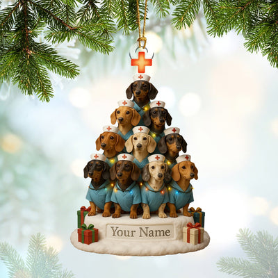 Personalized Dachshund Nurse Christmas Tree Ornament – Custom Name Dog Nurse Holiday Decor – Cute Wiener Dog Scrubs Ornament for Vet Techs & Healthcare Workers