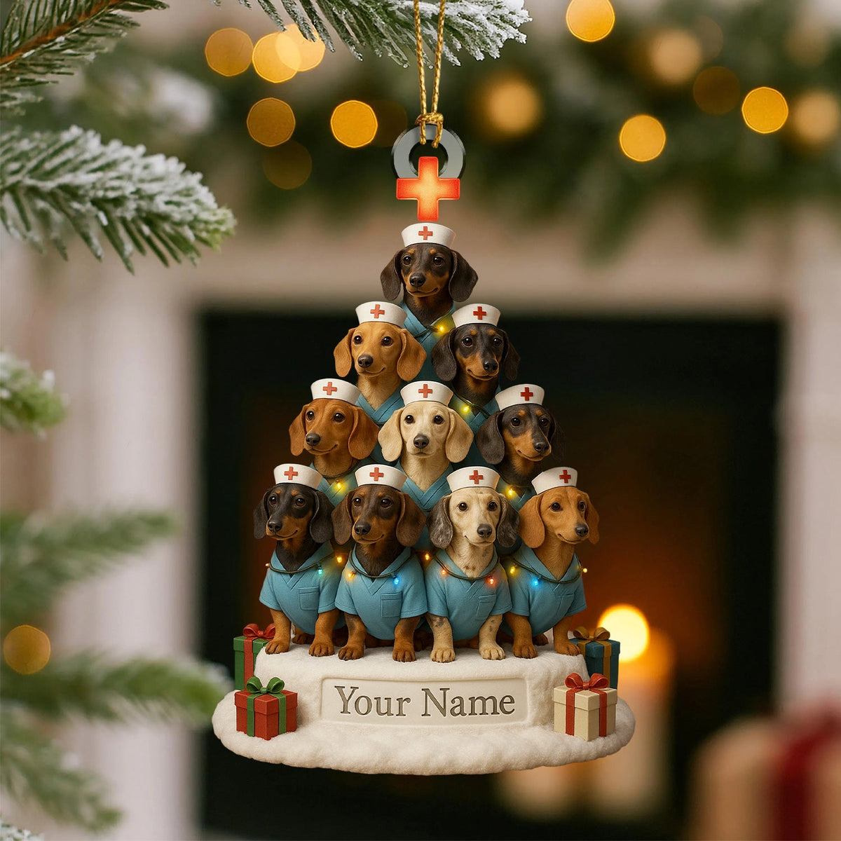 Personalized Dachshund Nurse Christmas Tree Ornament – Custom Name Dog Nurse Holiday Decor – Cute Wiener Dog Scrubs Ornament for Vet Techs & Healthcare Workers
