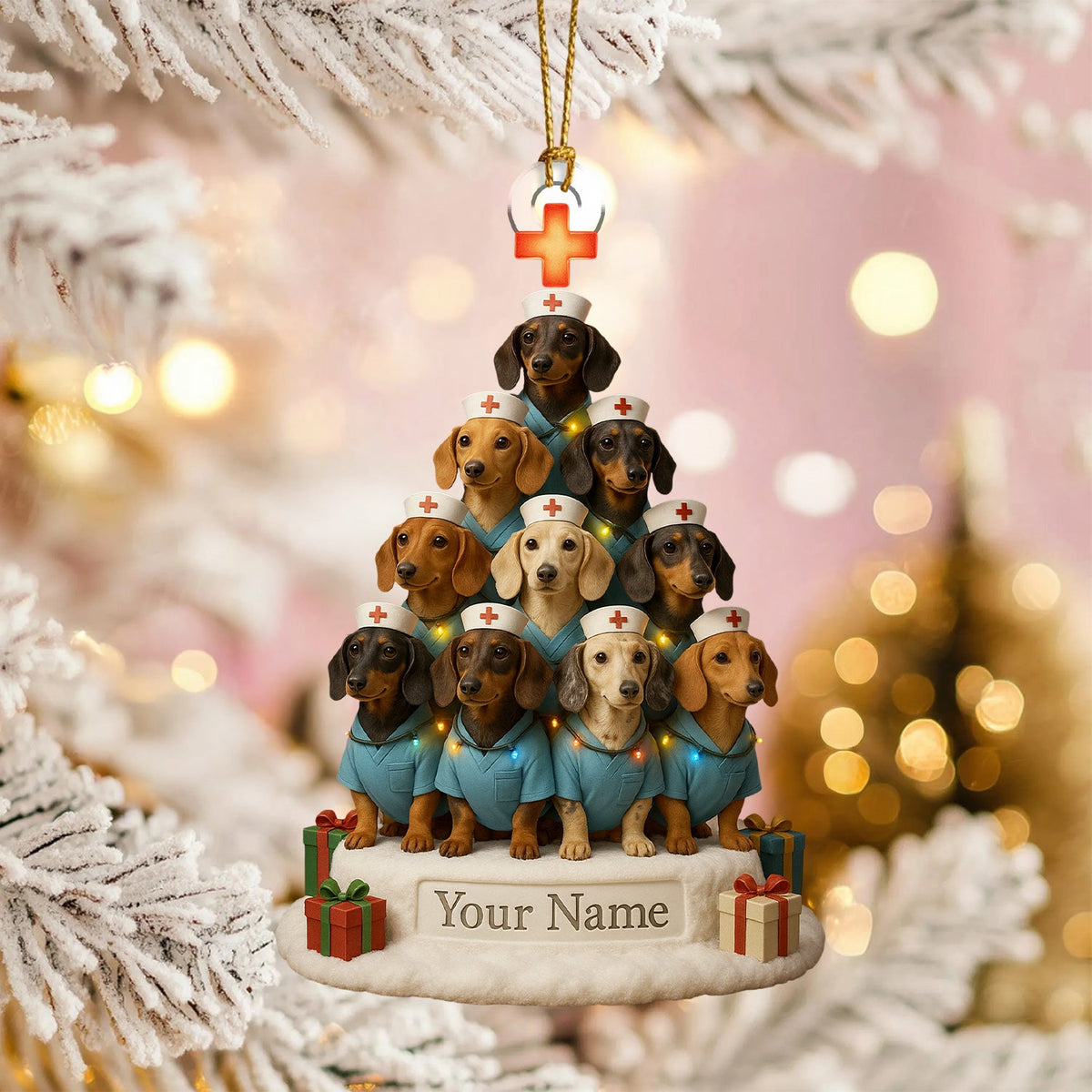 Personalized Dachshund Nurse Christmas Tree Ornament – Custom Name Dog Nurse Holiday Decor – Cute Wiener Dog Scrubs Ornament for Vet Techs & Healthcare Workers