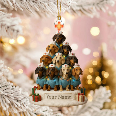 Personalized Dachshund Nurse Christmas Tree Ornament – Custom Name Dog Nurse Holiday Decor – Cute Wiener Dog Scrubs Ornament for Vet Techs & Healthcare Workers